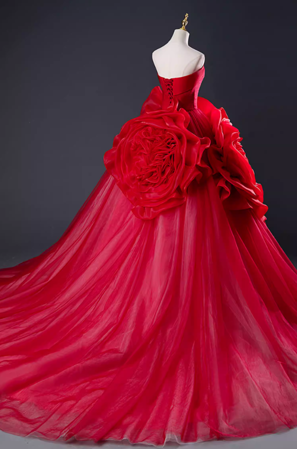 Fancy Strapless A-Line Sweet 16th Gowns Red Handmade Flowers Prom Dress AP5888