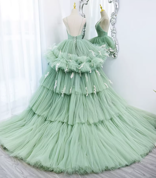 Hottie A-Line Spaghetti Strap Evening Gowns Feather Tiered Tulle Prom Dress AP5892