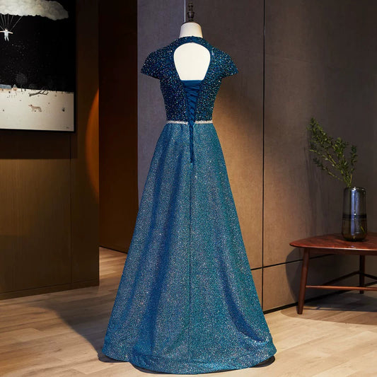 Fairy V Neck A-Line Sweet 16th Gowns Sequins Short Sleeve Beading Waist Prom Dress AP5897