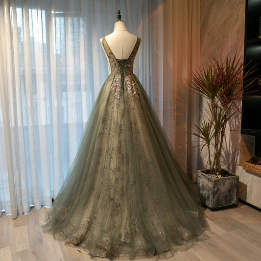 Boho-Inspired Jewel Neck A-Line Sweet 16th Gowns Sequins Crystals Tulle Prom Dress AP5898