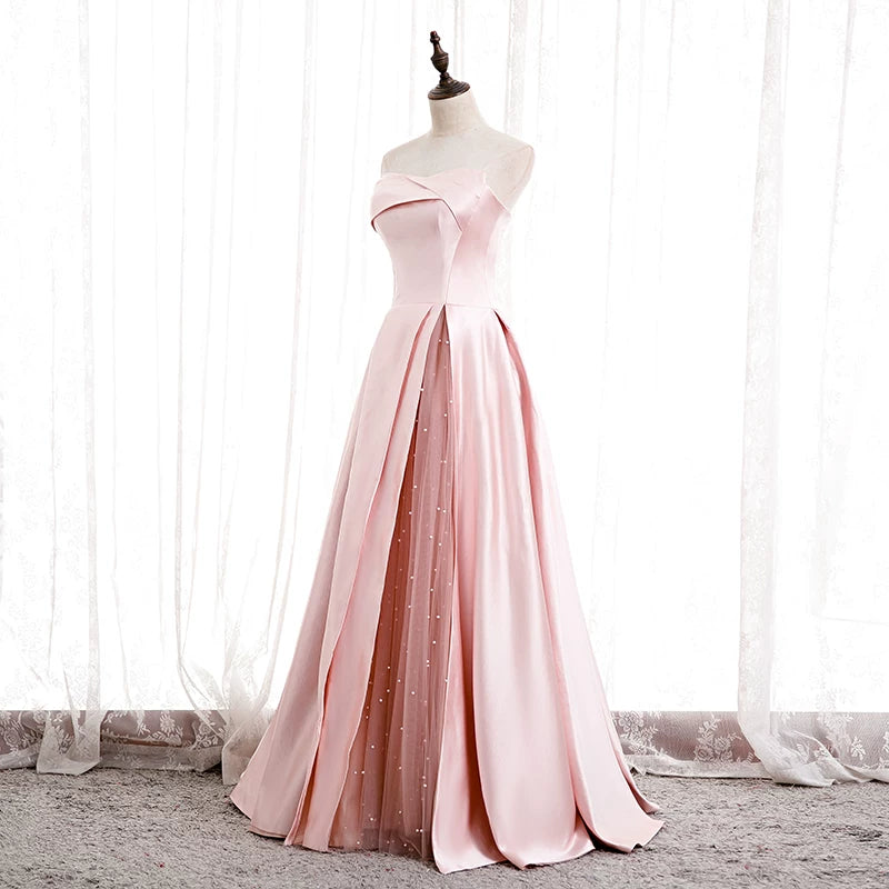 Refined Strapless A-Line Pink Sweet 16th Gowns Satin Beads Tulle Prom Dress AP5901