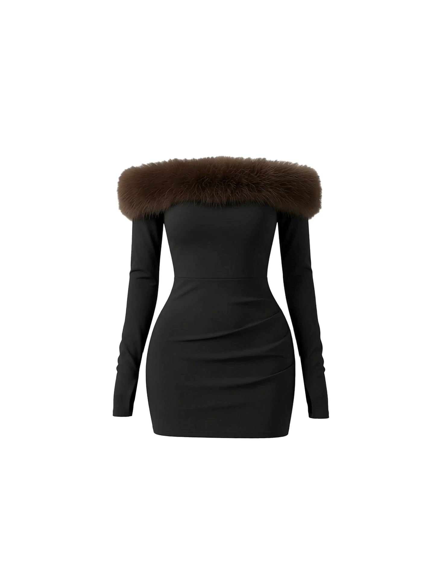 Wonderful Off-Shoulder Long Sleeve Black Bodycon Mini Skirt Chic Brown Faux Fur Trim Short Dress AP5905