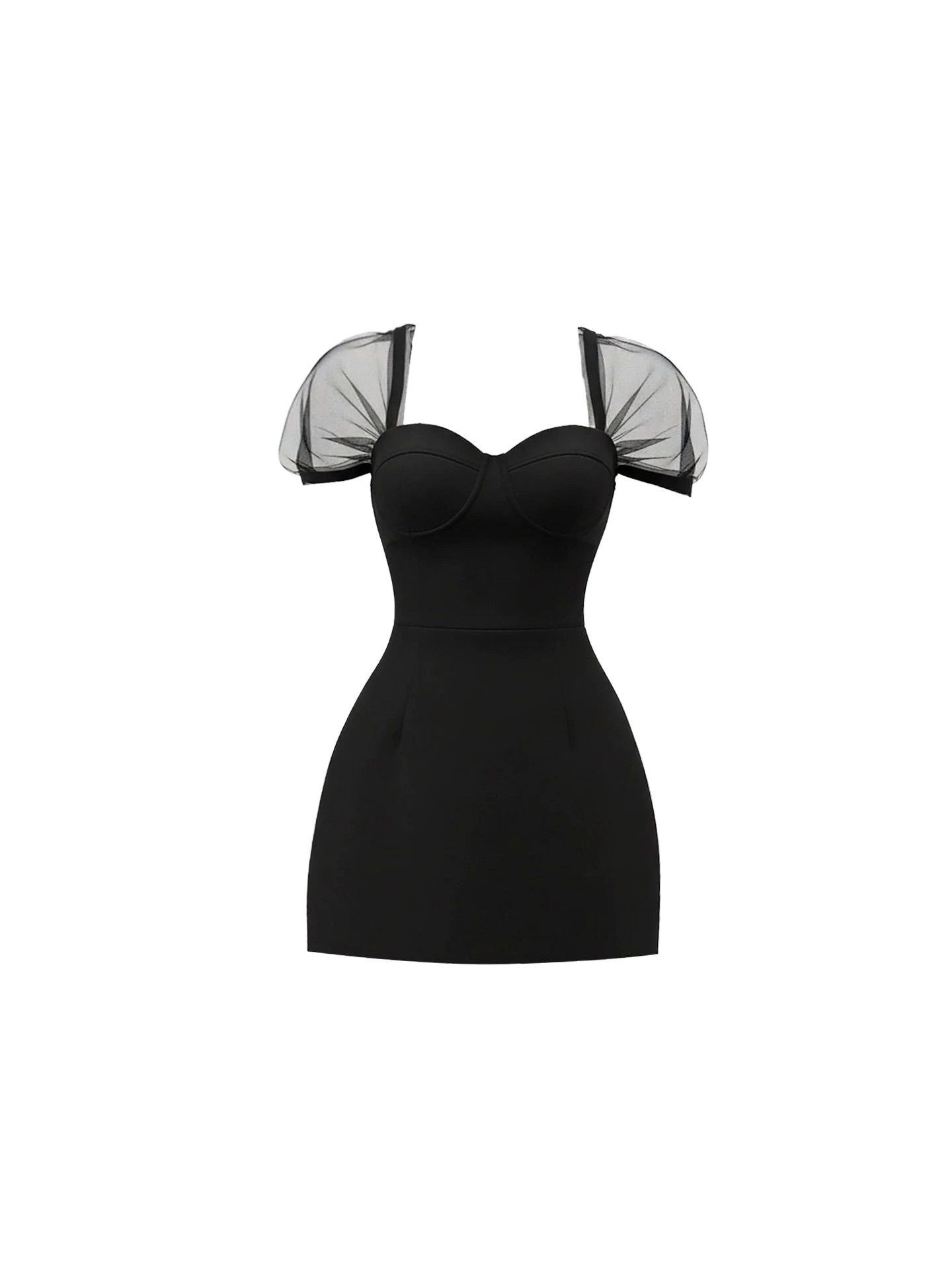 Amazing Sheer Mesh Puff Sleeves Black Mini Skirt Glamorous Sweetheart Neckline Bodycon Short Dress AP5906