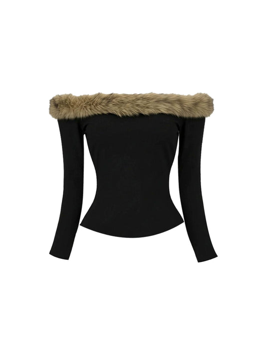 Fascinating Off-Shoulder Long Sleeve Bodycon Mini Skirt Chic Black Top Faux Fur Collar Two-Piece Gold-Striped Tweed Short Dress AP5908