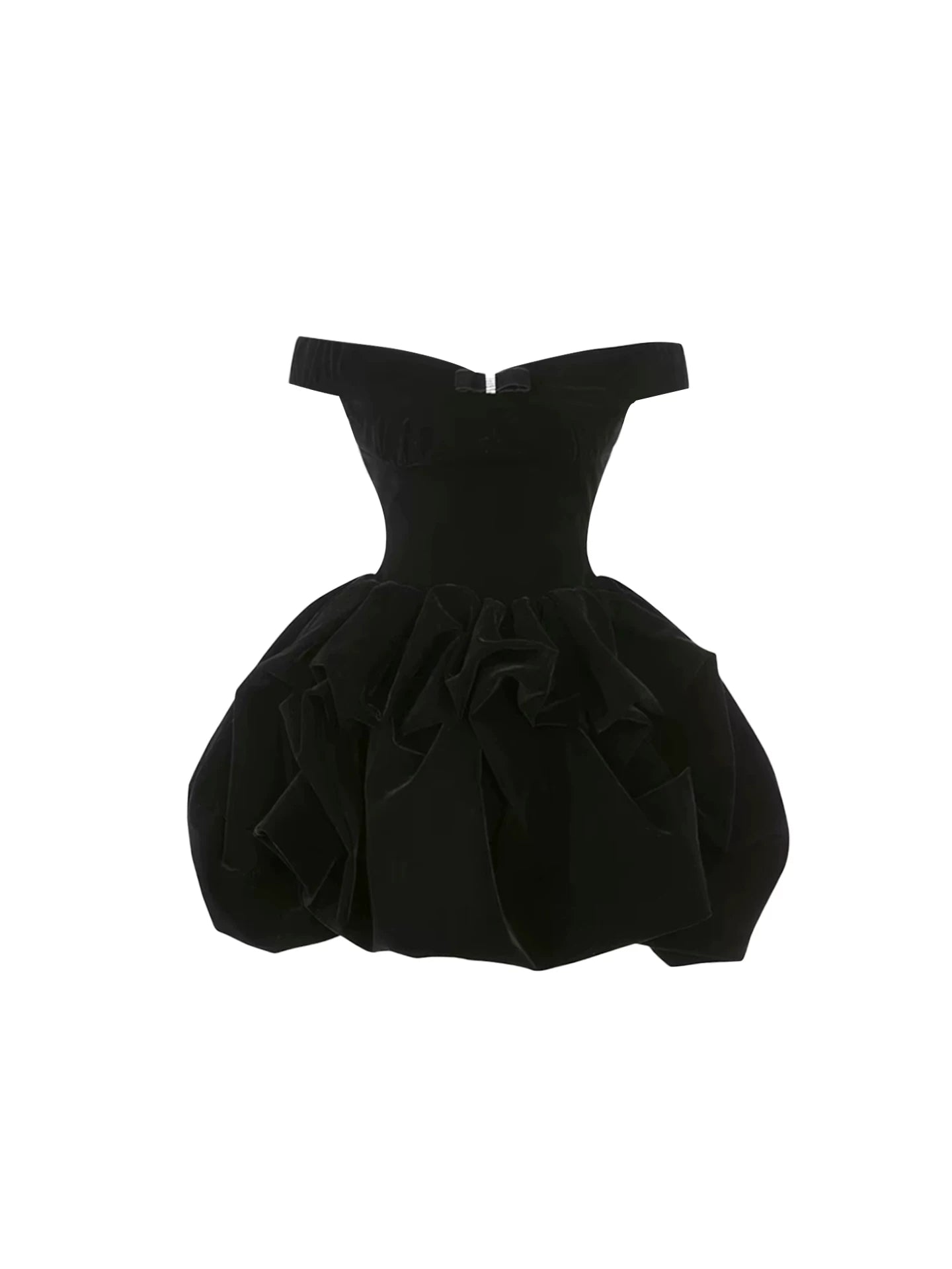 Enticing Slim-Fit Bodice Voluminous Bubble Mini Skirt Elegant Off-Shoulder Black A-Line Short Dress AP5910