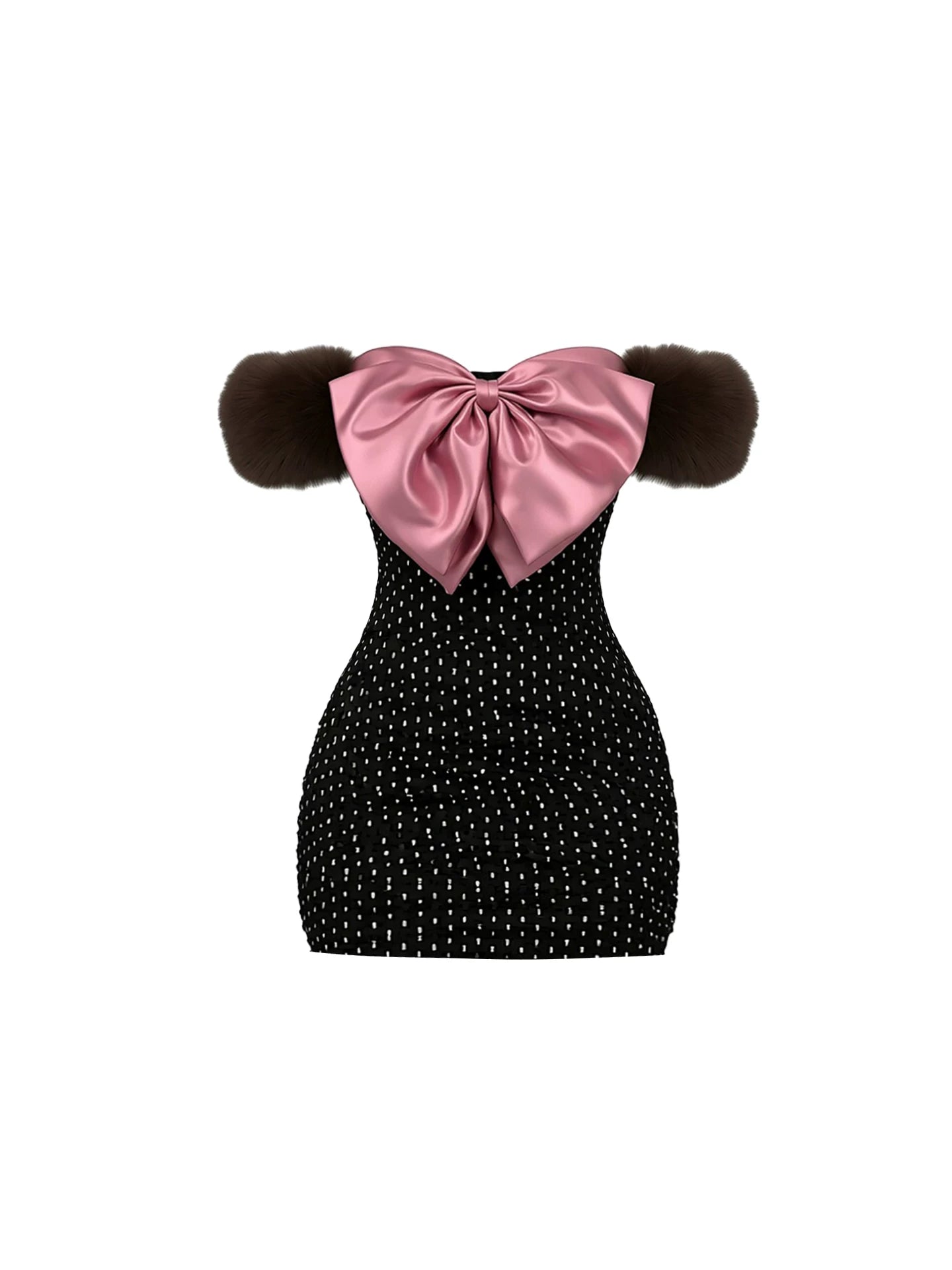 Eye-Catching Black Polka Dot Faux Fur Trim Bodycon Mini Skirt Sweet Oversized Pink Satin Bow Short Dress AP5913