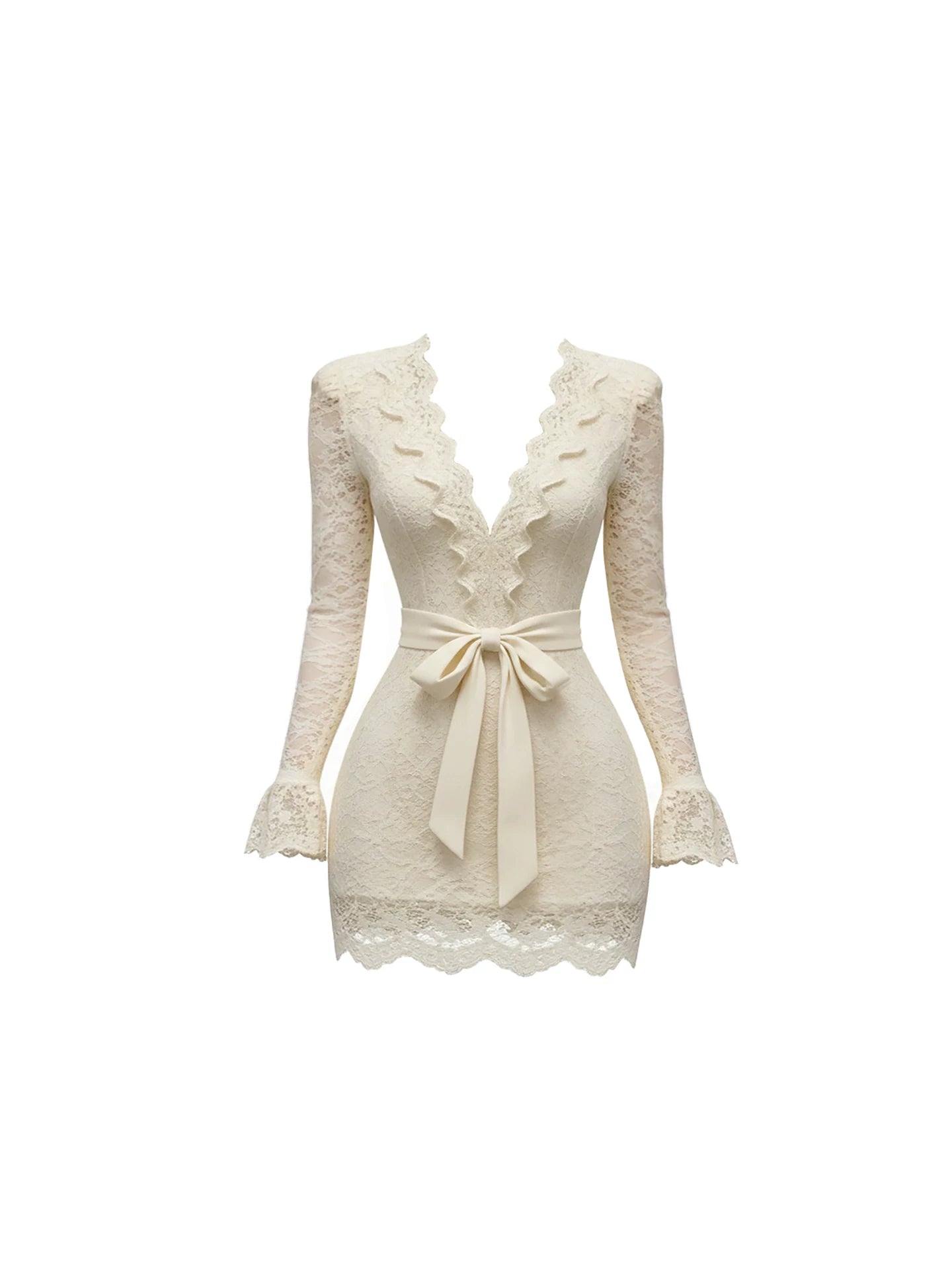 Fresh Ruffle Trim Waist Bow Mini Skirt Elegant Cream Lace V-Neck Long Sleeve Short Dress AP5914
