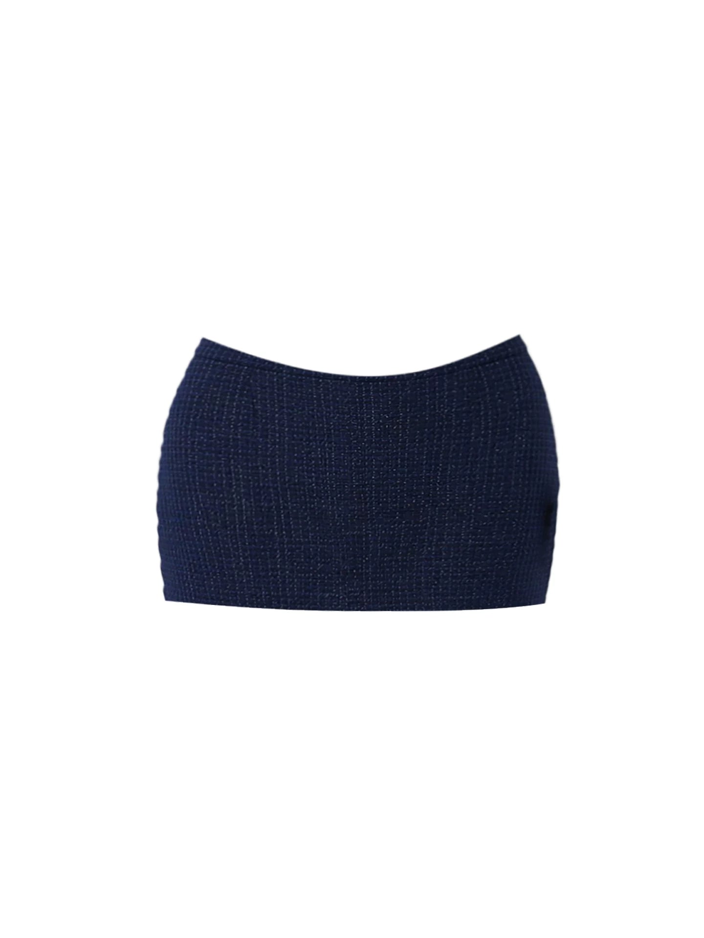 Cozy Knit Crop Top 2-Piece Set Bodycon Mini Dress Romantic Navy & White Halter Neck Buttons Accent Tweed Short Dress AP5917