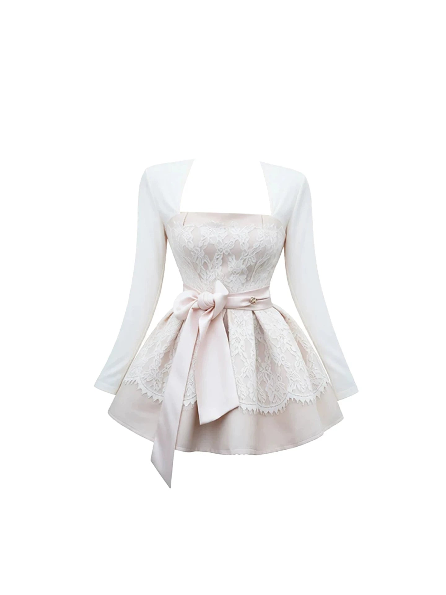 Ornate Satin Bow Belt A-Line White Long Sleeve Mini Skirt Delicate Blush Lace Square Neck Short Dress AP5920