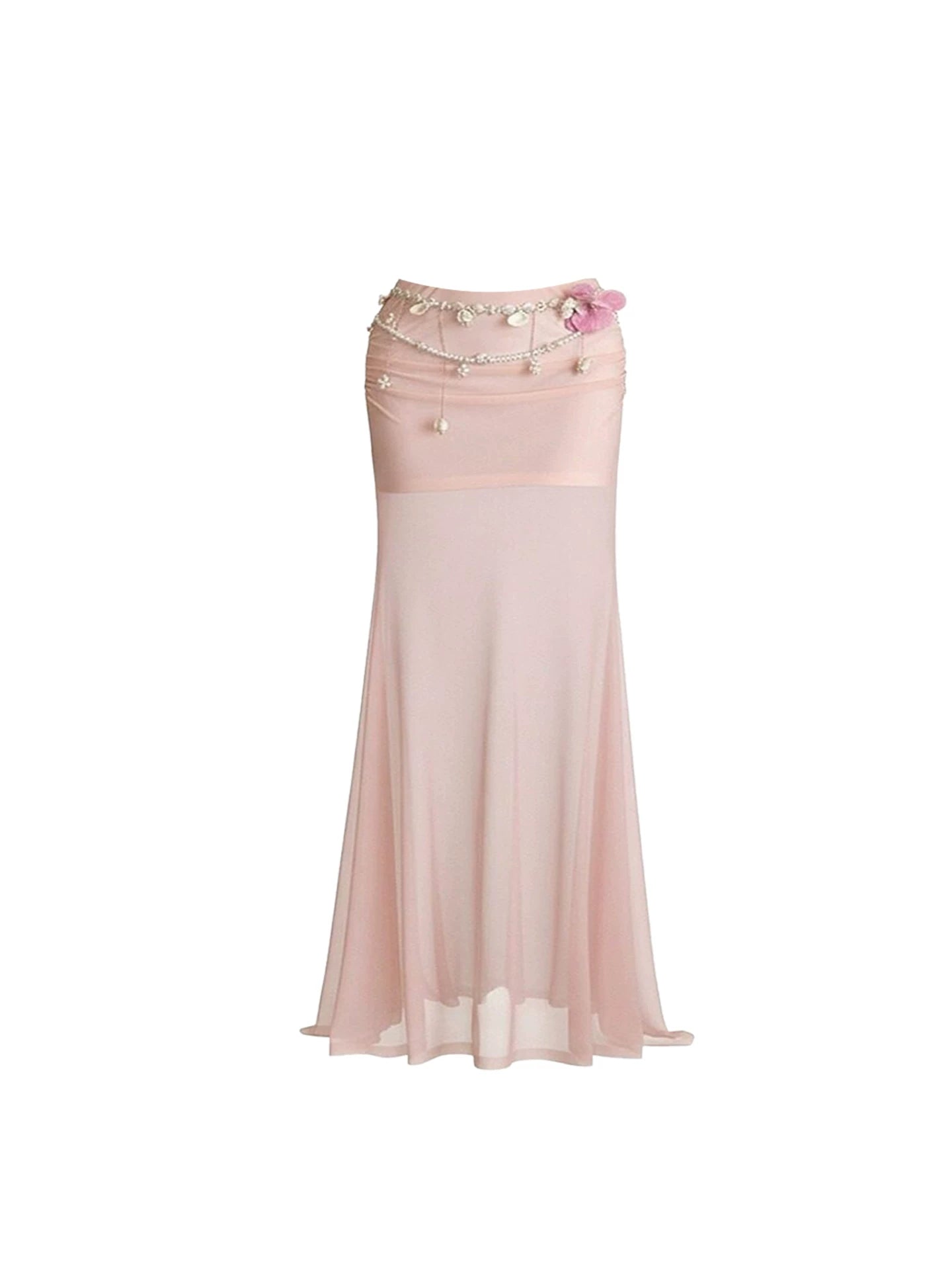 Classical Lace Ruffle Top & Pearl Trim Maxi Skirt Romantic Pink Floral Off-Shoulder 2-Piece Tulle Mermaid Long Dress AP5927