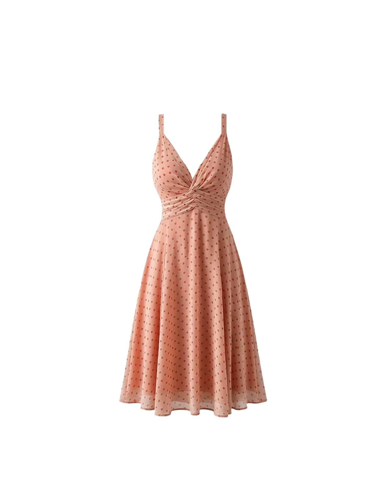 Fantastic Peach Polka Dot Spaghetti Straps Flared Midi Skirt Trendy Twist-Front V-Neck A-Line Long Dress AP5928