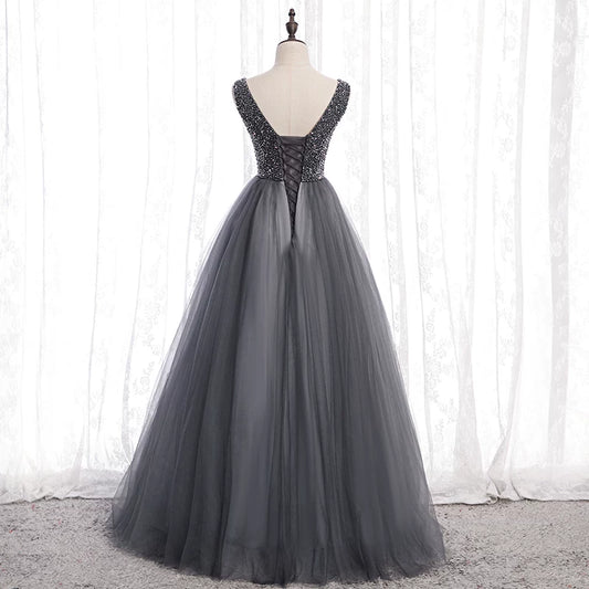 Vintage V Neck A-Line Sweet 16th Gowns Sequins Layered Tulle Prom Dress AP5931