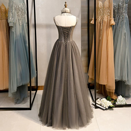 Dreamy Spaghetti Strap A-Line Evening Gowns Beads Layered Tulle Prom Dress AP5933