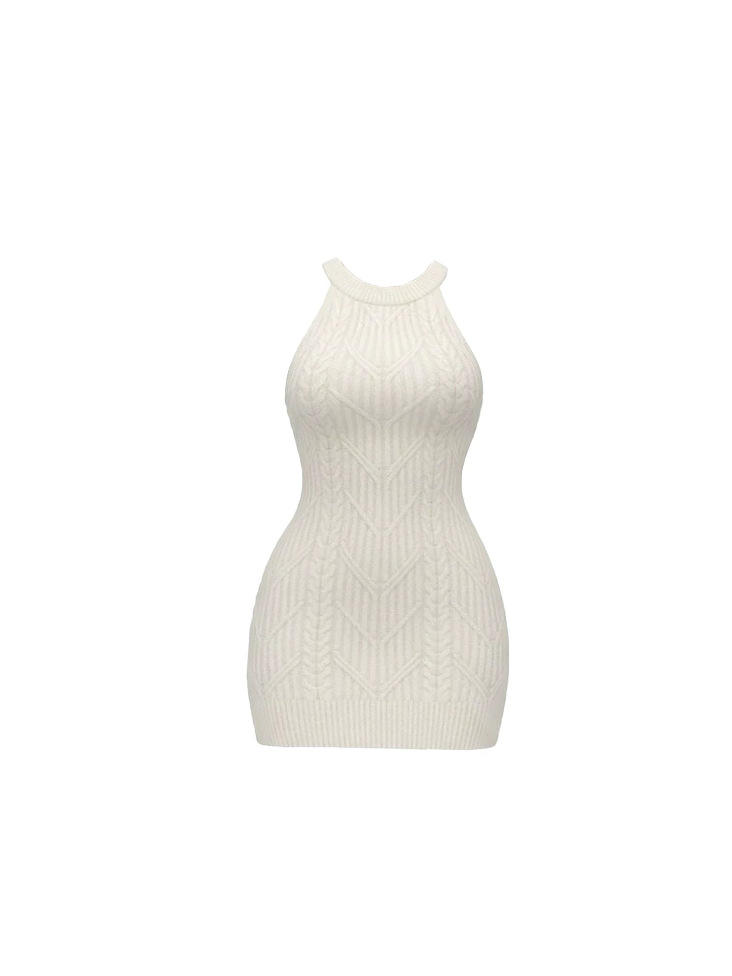 French Style Sleeveless Halter Neck Bodycon Mini Dress Cozy Cream Cable Knit Mini Sweater Short Dress AP5946