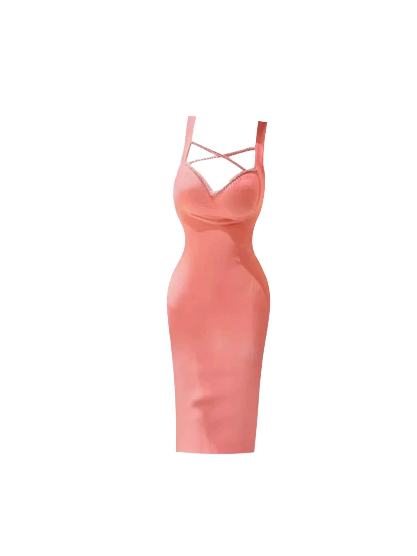 Adorable Sweetheart Neckline Spaghetti Straps Pink Midi Dress Glamorous Coral Crystal Accent Crisscross Strappy Sheath Long Dress AP5953