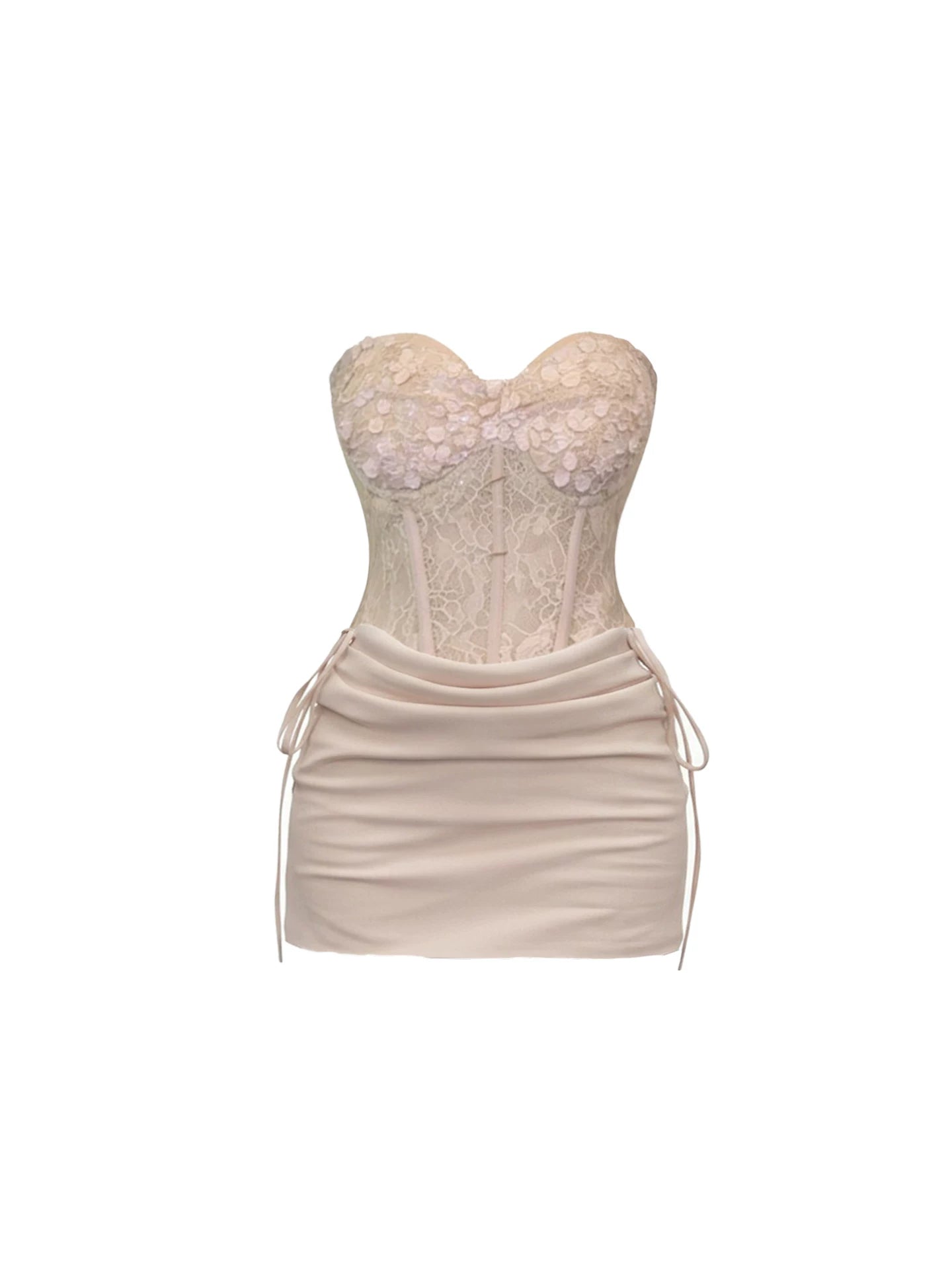 Flattering Blush Pink Lace Overlay Strapless Mini Skirt Sexy Corset Top Flower Bust Ruched Tie-Side Bodycon Short Dress AP5958