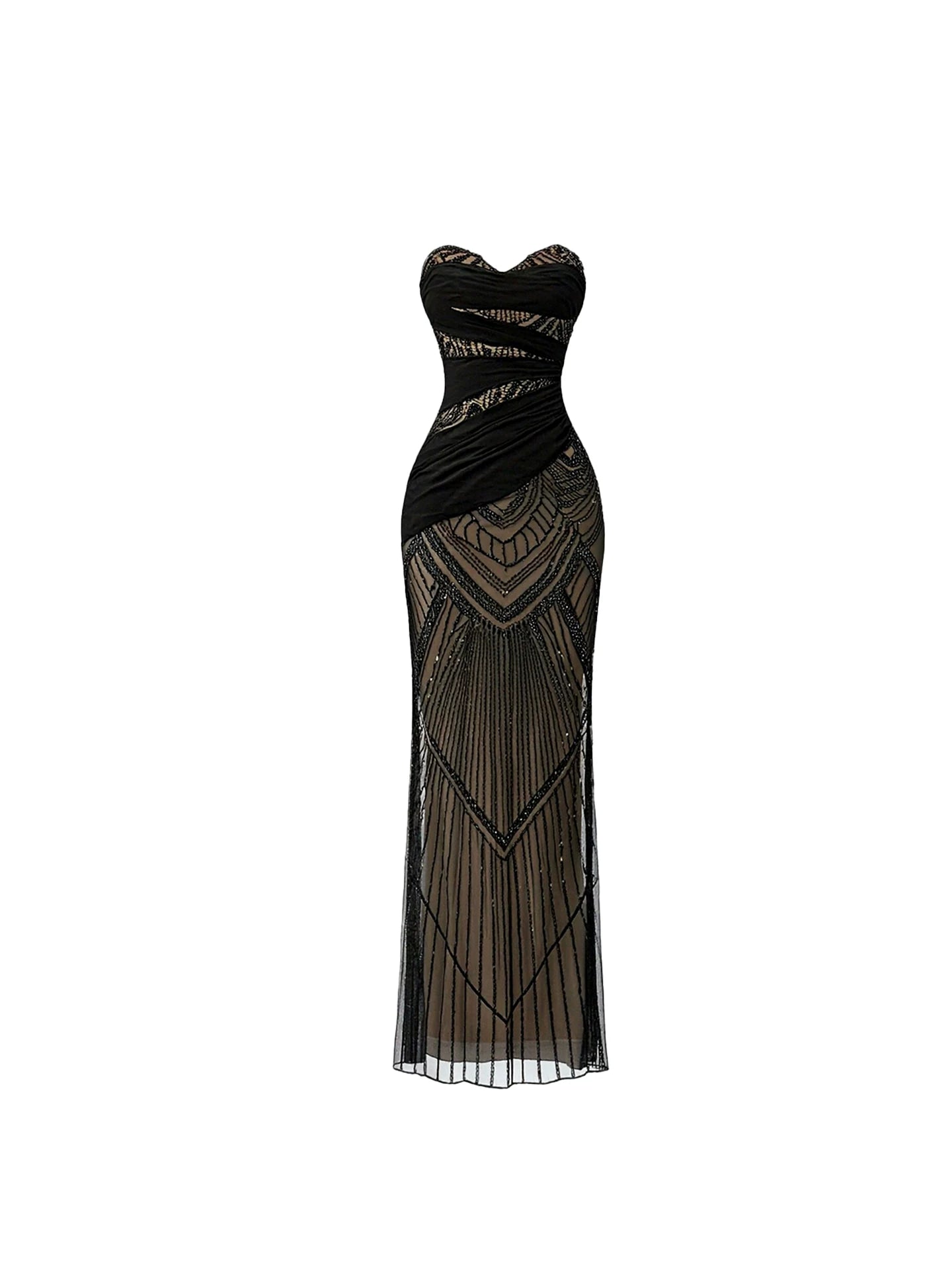 Sexy Bead Embellished Ruched Bodice Sheath Maxi Dresses Elegant Black Strapless Sheer Tulle Overlay Nude Base Long Dress AP5961