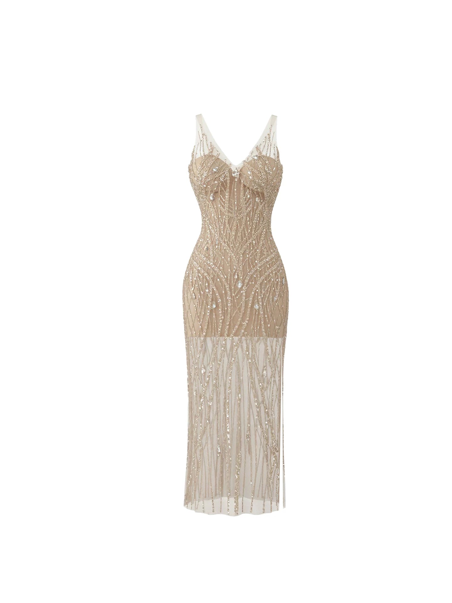 Vogue V-Neck Sheer Hem Champagne Maxi Dress Trendy Beaded Sequin Spaghetti Strap Sheath Long Dress AP5962