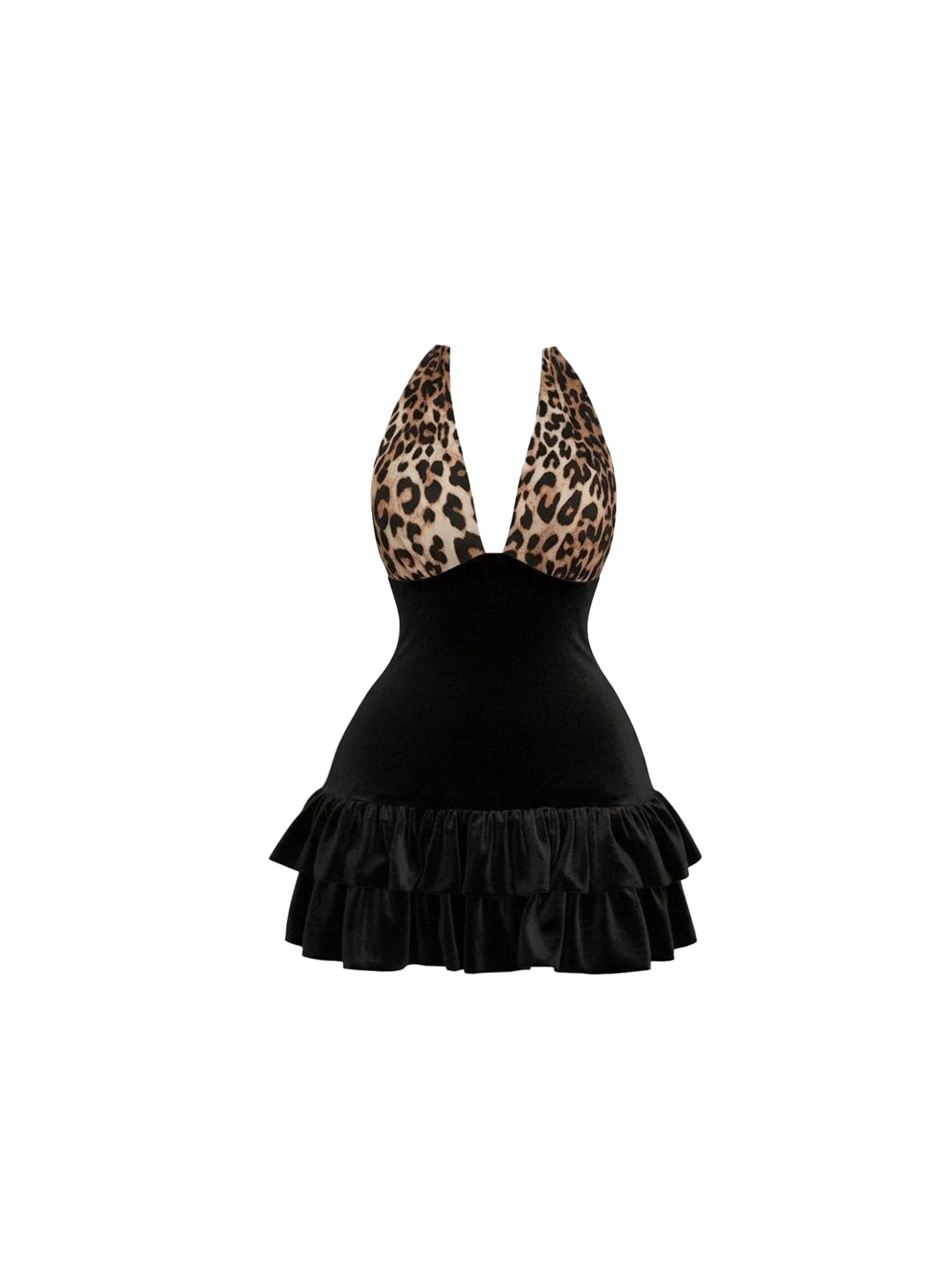 Delicate Plunging V-Neck Ruffle Hem A-Line Mini Skirt Playful Leopard Print Black Tiered Halter Short Dress AP5968