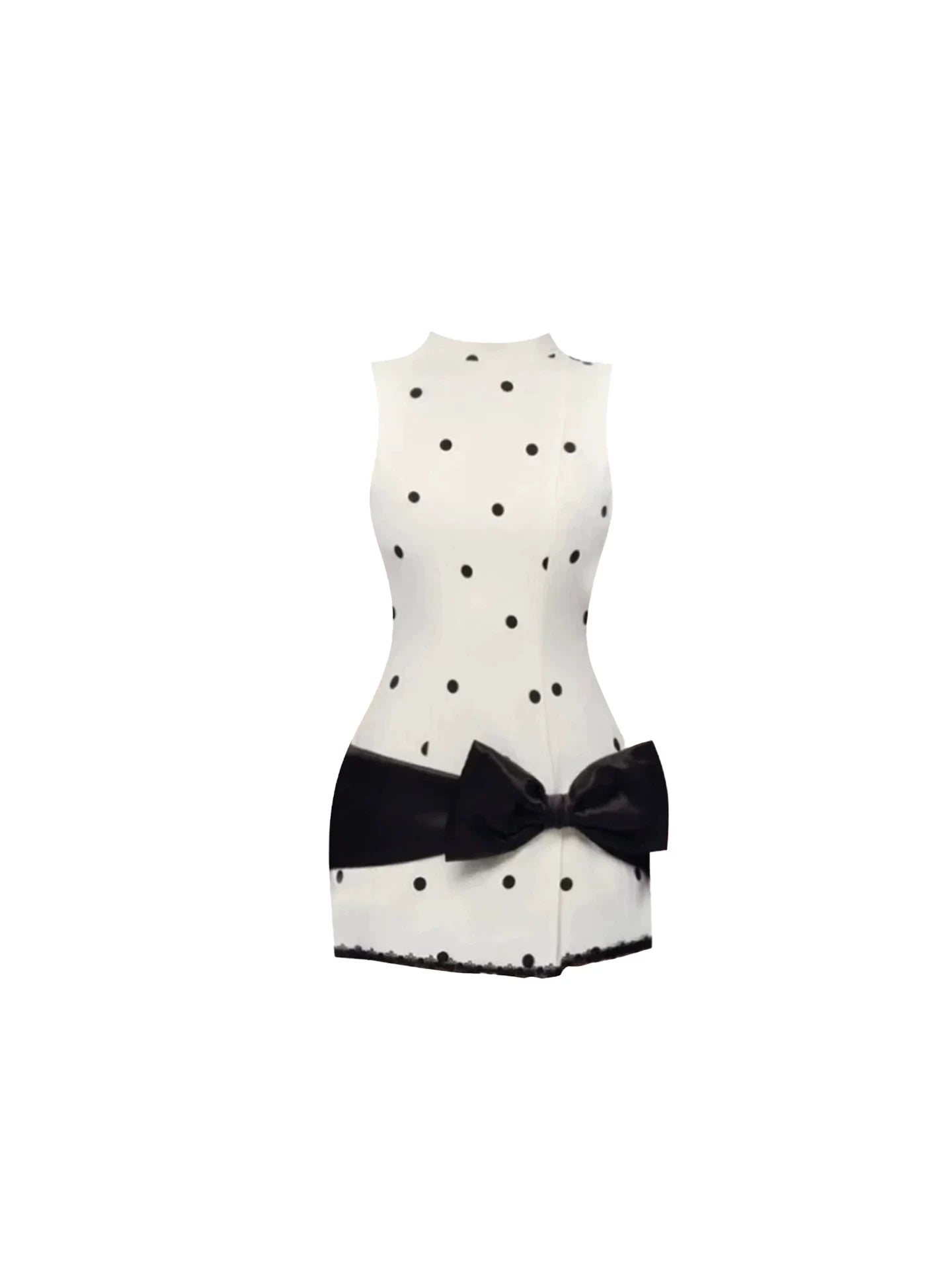 Casual White Black Polka Dot Sleeveless Bodycon Mini Skirt Vintage-Inspired High Neck Fitted Dramatic Black Bow Waist Short Dress AP5972