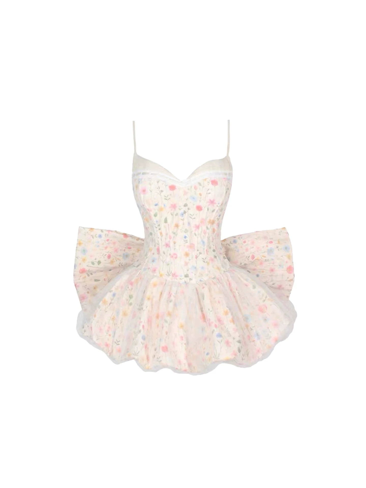 Y2K Style Sweetheart Corset Bow Bubble Hem A-Line Mini Skirt Cute Pastel Multicolor Floral Print Spaghetti Strap Short Dress AP5973