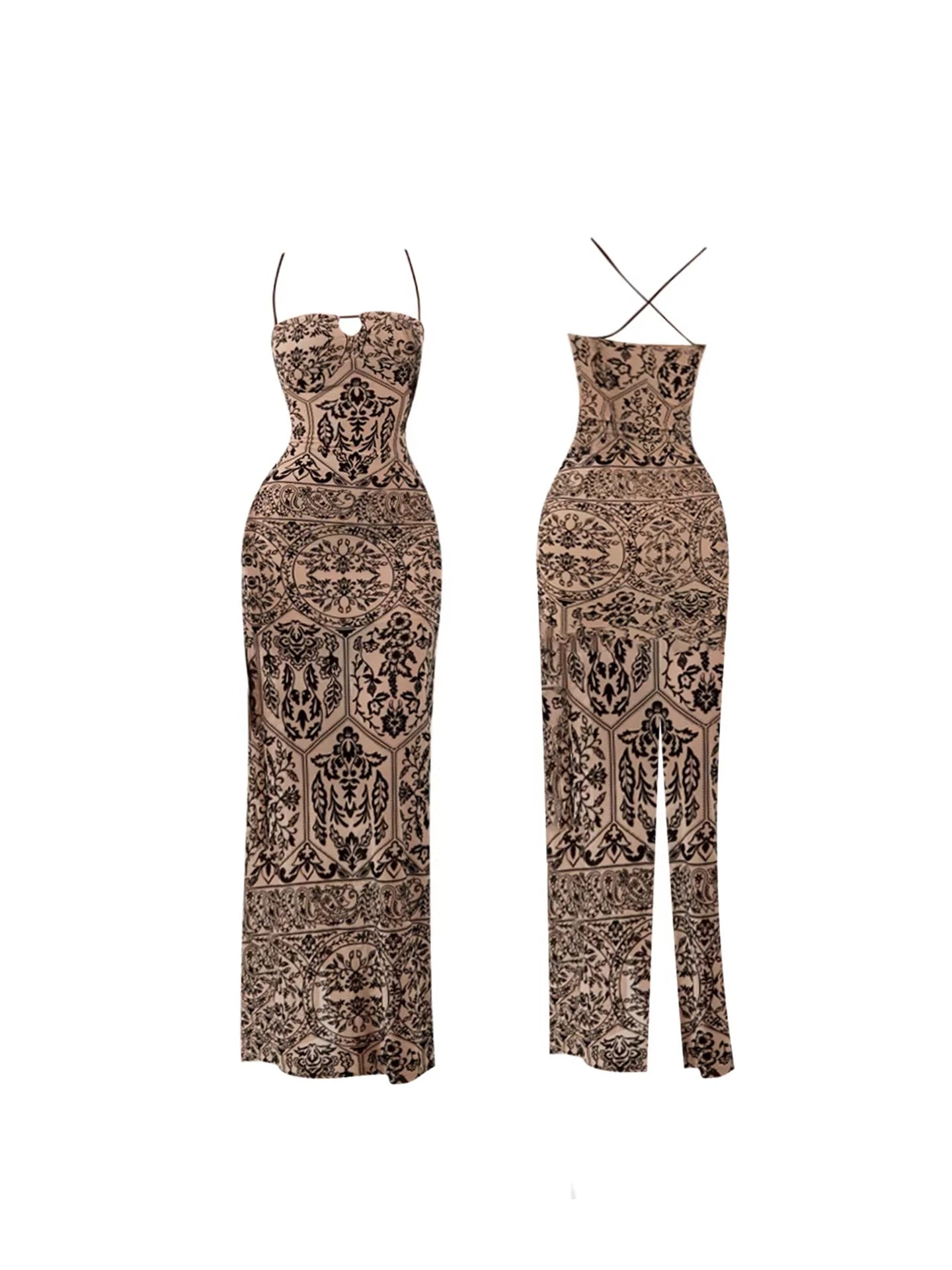 New Tendency Keyhole Front Crisscross Back Thigh High Slit Spaghetti Strap Maxi Dress Elegant Nude Black Damask Floral Print Sheath Long Dress AP5975