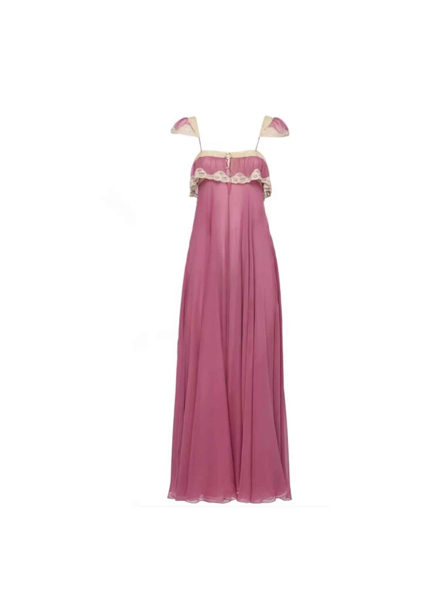 Fairy Cream Lace Trim Puff Sleeves Spaghetti Strap Maxi Dress Romantic Mauve Pink Empire Waist Chiffon Square Neckline Sheath Long Dress AP5976