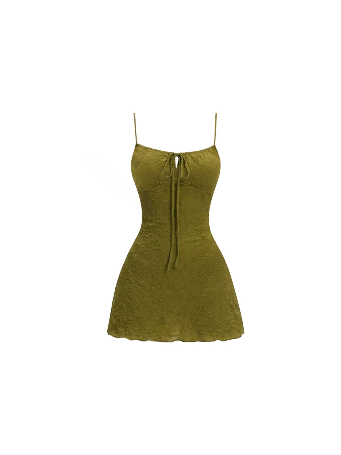 Everyday Wear Tie Detail A-Line Spaghetti Strap Mini Slip Dress Sexy Olive Green Textured Crinkle Sweetheart Neckline Keyhole Short Dress AP5977