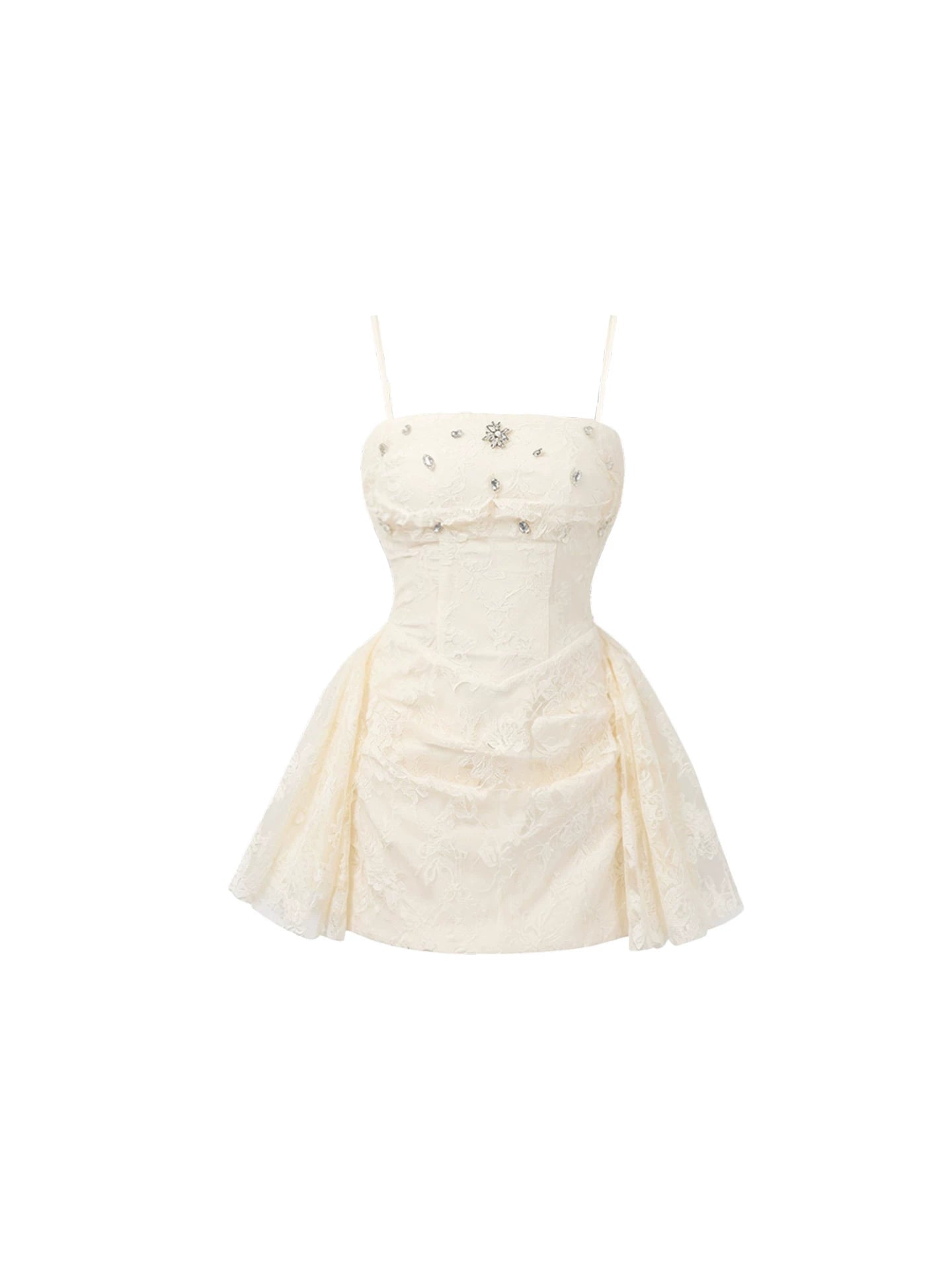 Exquisite Ivory Lace A-Line Spaghetti Strap Mini Dress Romantic Corset Bust Crystal Trim Ruched Short Dress AP5978