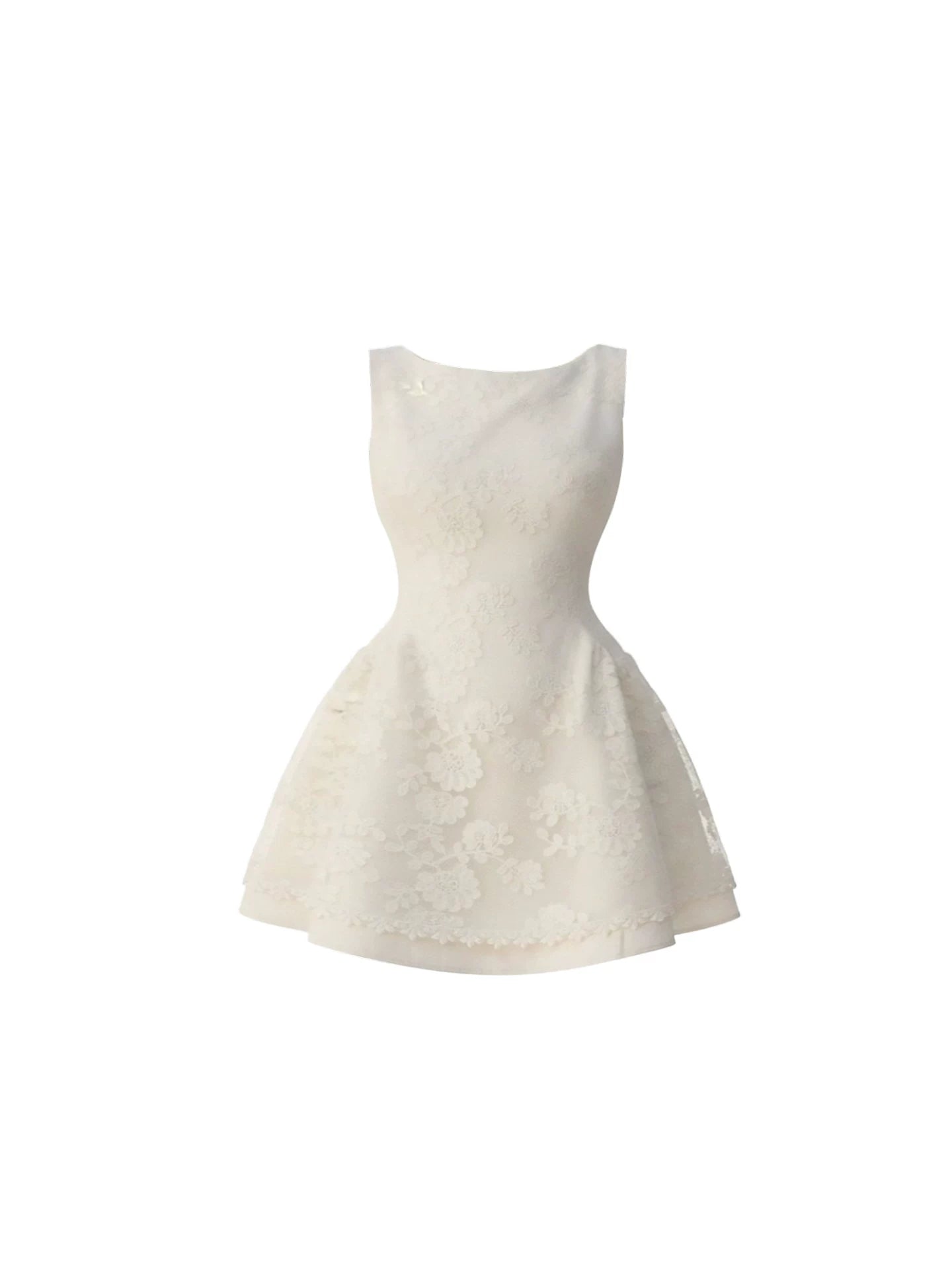 Beautiful Ivory Lace Applique Sleeveless A-Line Mini Skirt Chic Fitted Flared Floral Boat Neck Short Dress AP5981