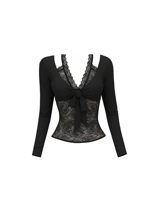 Amazing Bow Tie Top Leather Low Rise Bodycon Mini Skirt Sexy Black Sheer Floral Lace Long Sleeve Two Piece Short Dress AP5985