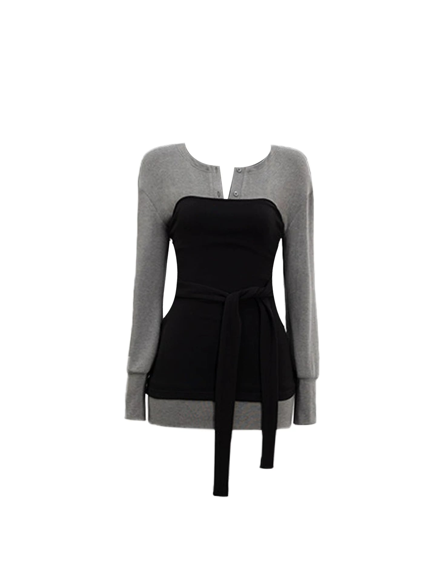 Avant-Garde Black & Grey Color-Block Bodycon Mini Skirt Modern Tie Waist Faux Two-Piece Jewel Neckline Short Dress AP5991