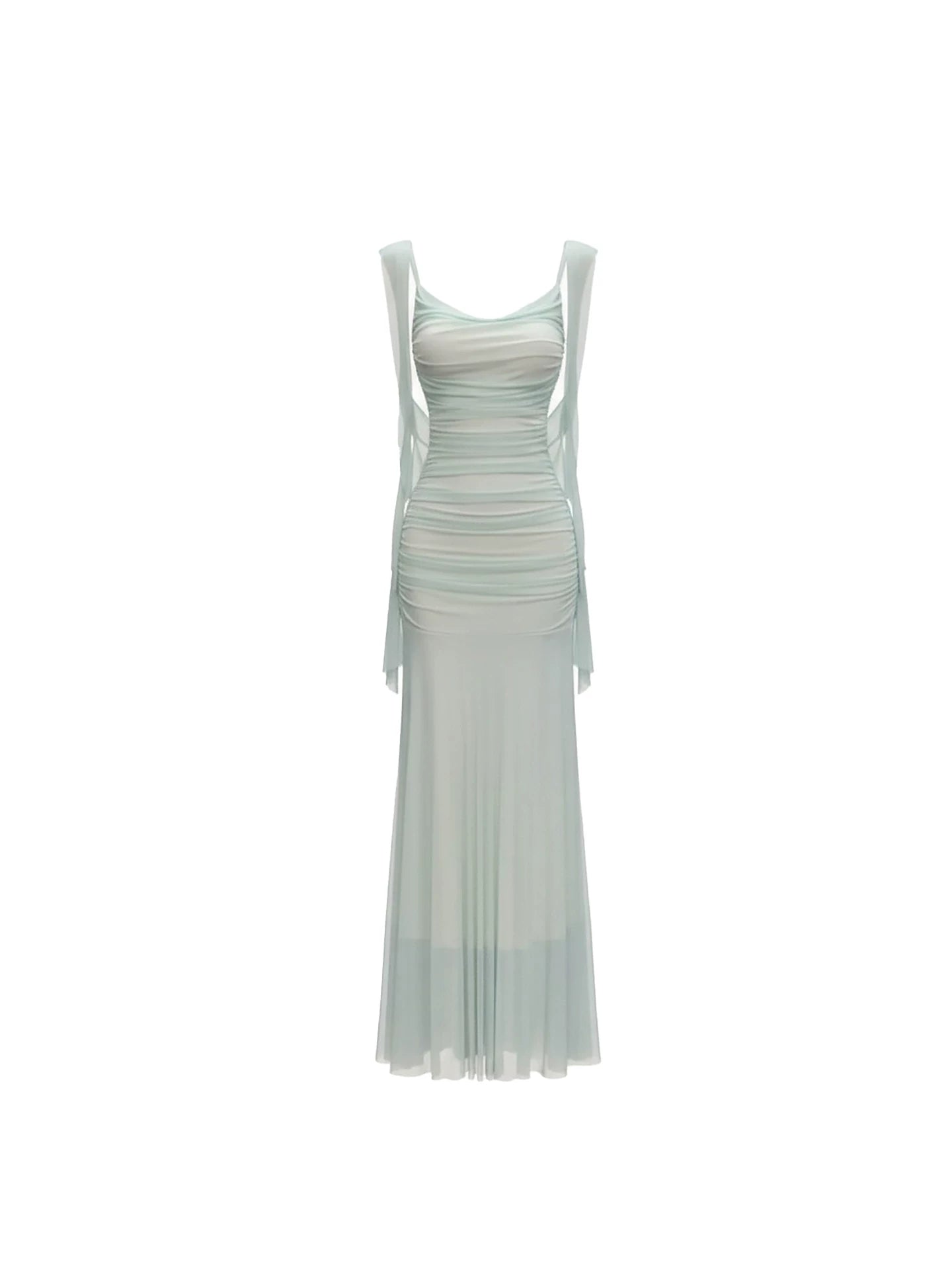 Fresh Summer Outings Spaghetti Strap Draped Maxi Skirt Delicate Mint Green Sheer Mesh Ruched Mermaid Long Dress AP5993