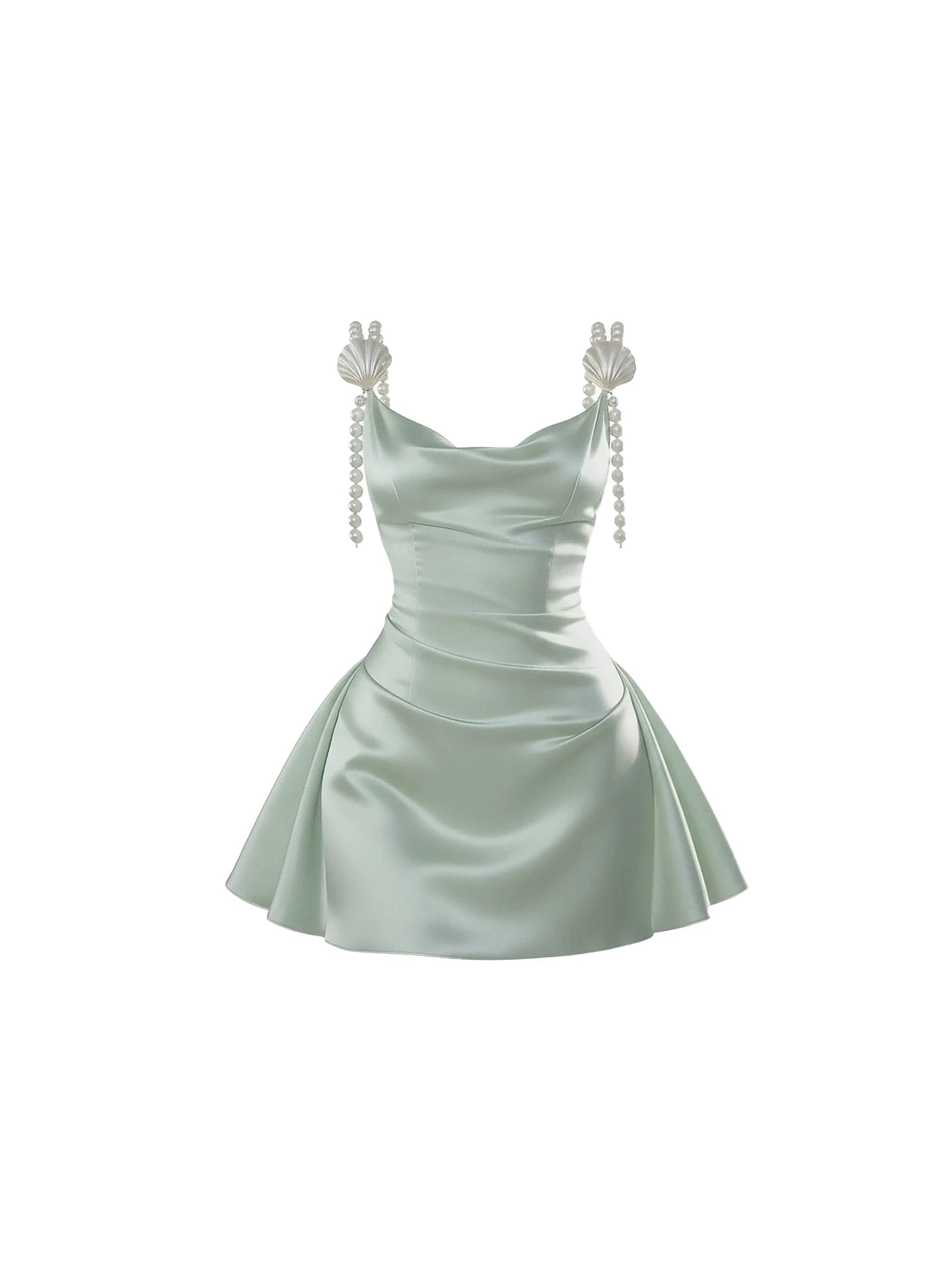 Dainty Shell & Pearl Embellished Spaghetti Strap A-Line Mini Dress Dreamy Mint Green Satin Cowl Neck Short Dress AP5995