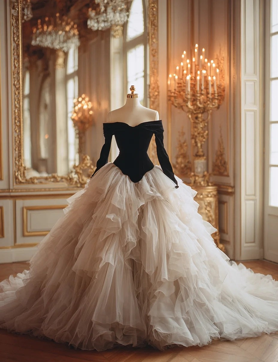 Luxury Off-Shoulder A-Line Sweet 16th Dresses Black Long Sleeve Tiered White Tulle Prom Dress AP6003