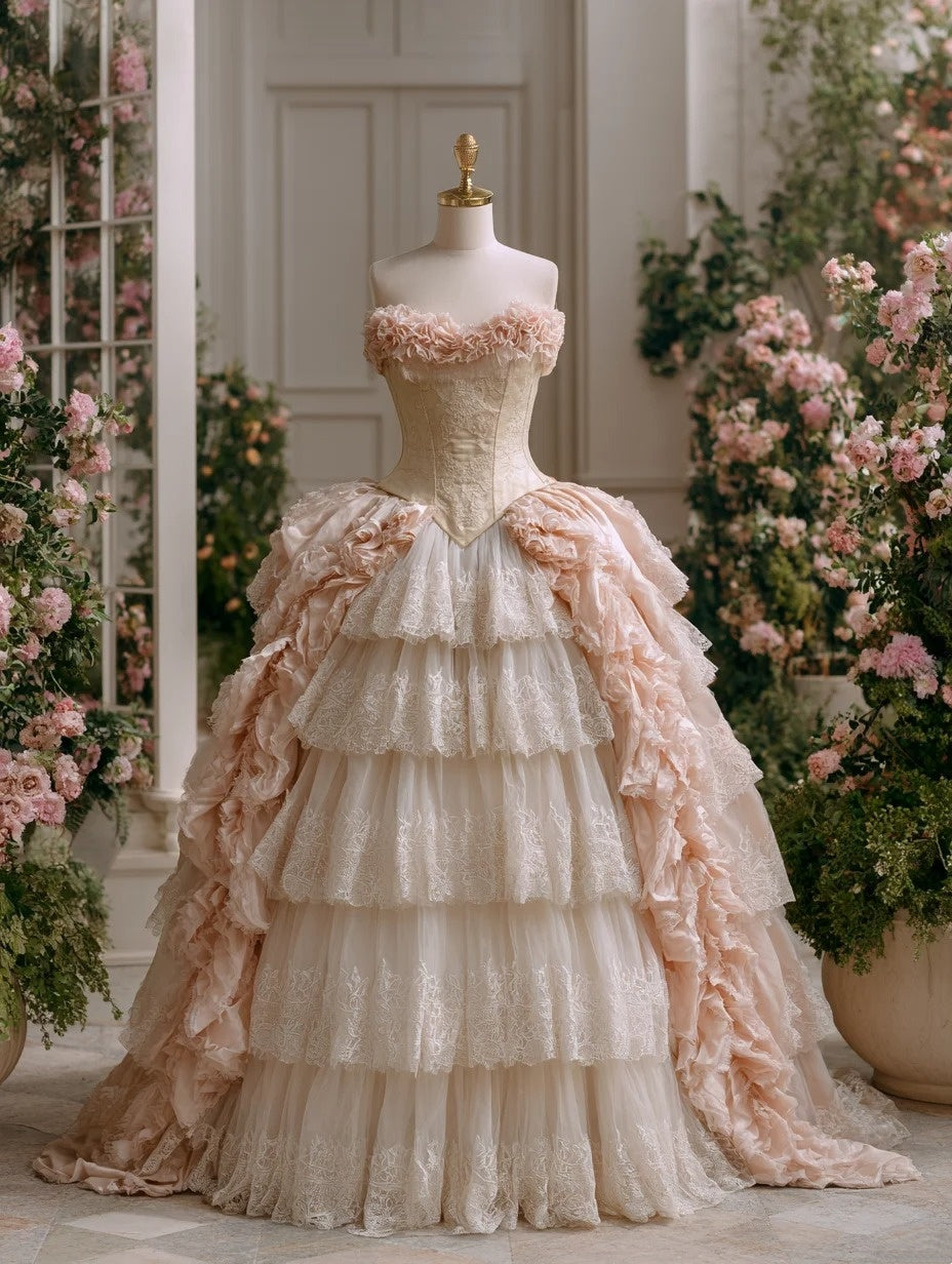 Classical Strapless A-Line Tiered Sweet 16th Gowns Lace Jacquard Prom Dress AP6005