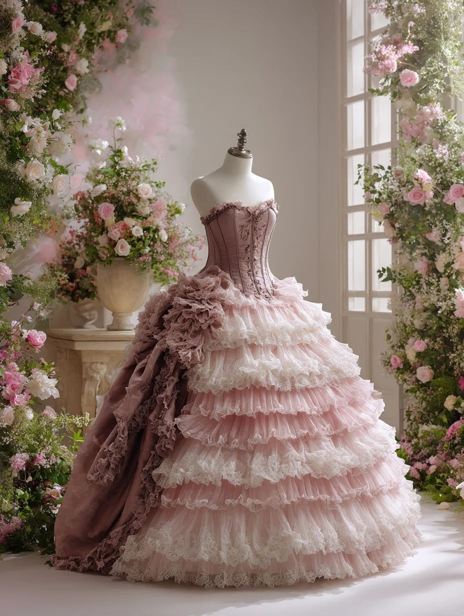 Fantastic Strapless A-Line Sweet 16th Gowns Ruffled Lace Tiered Prom Dress AP6006