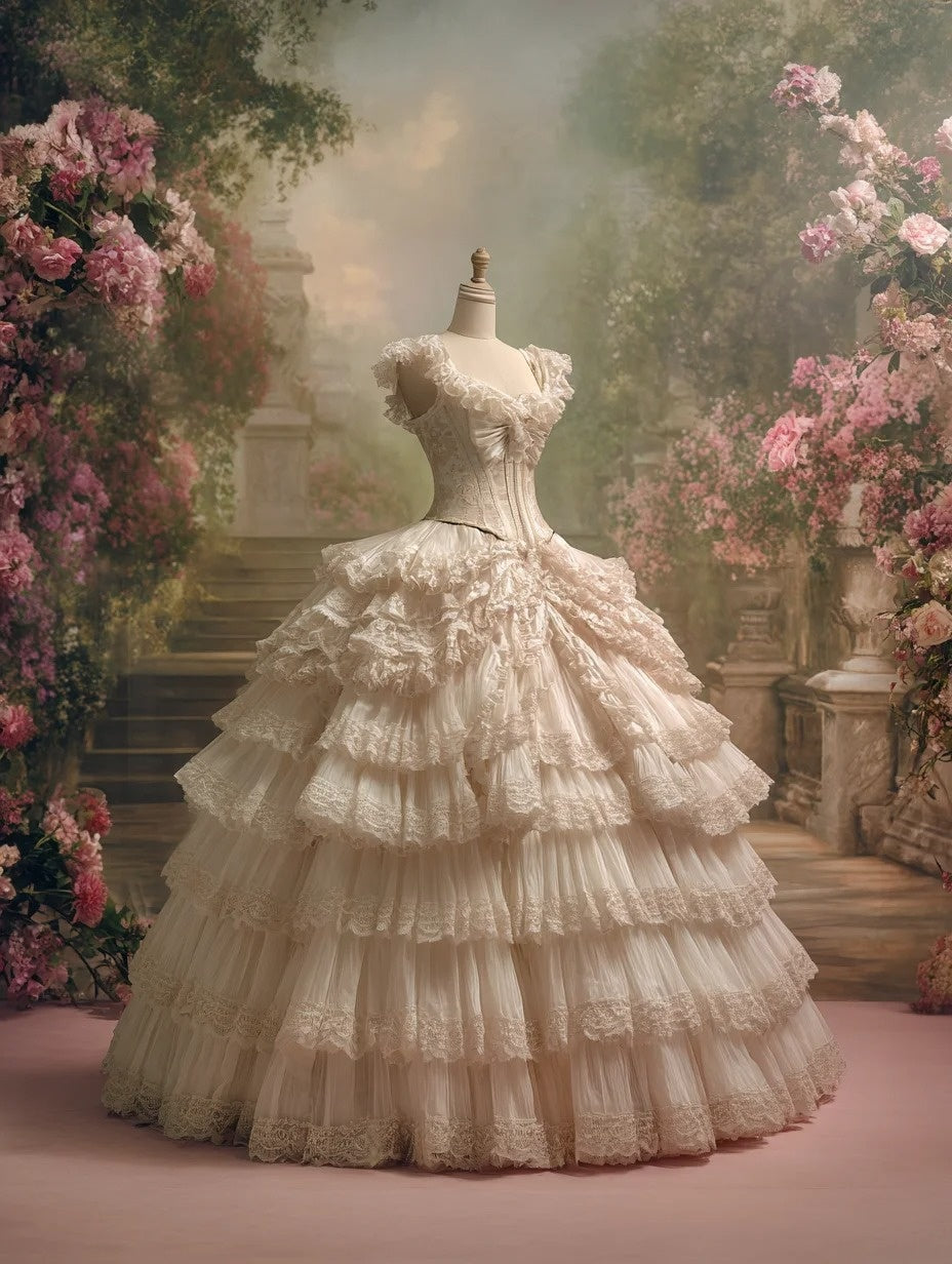 Sweet Square Neck A-Line Bridal Gowns Tiered Lace Ruffles Wedding Dress AP6007