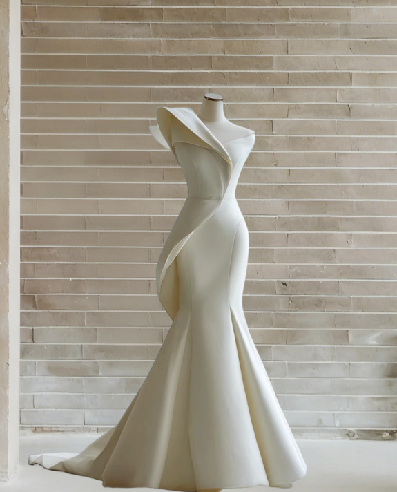 Artistic One Shoulder Mermaid Bridal Gowns Satin Wedding Dress AP6010
