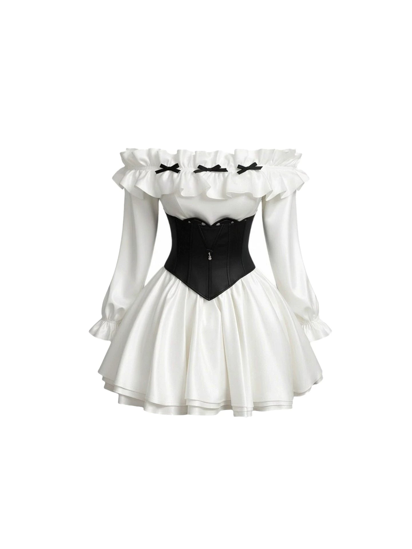 Stunning Black Corset & Bows A-Line Mini Skirt Cute White Off-Shoulder Long Sleeve Ruffled Short Dress AP6019