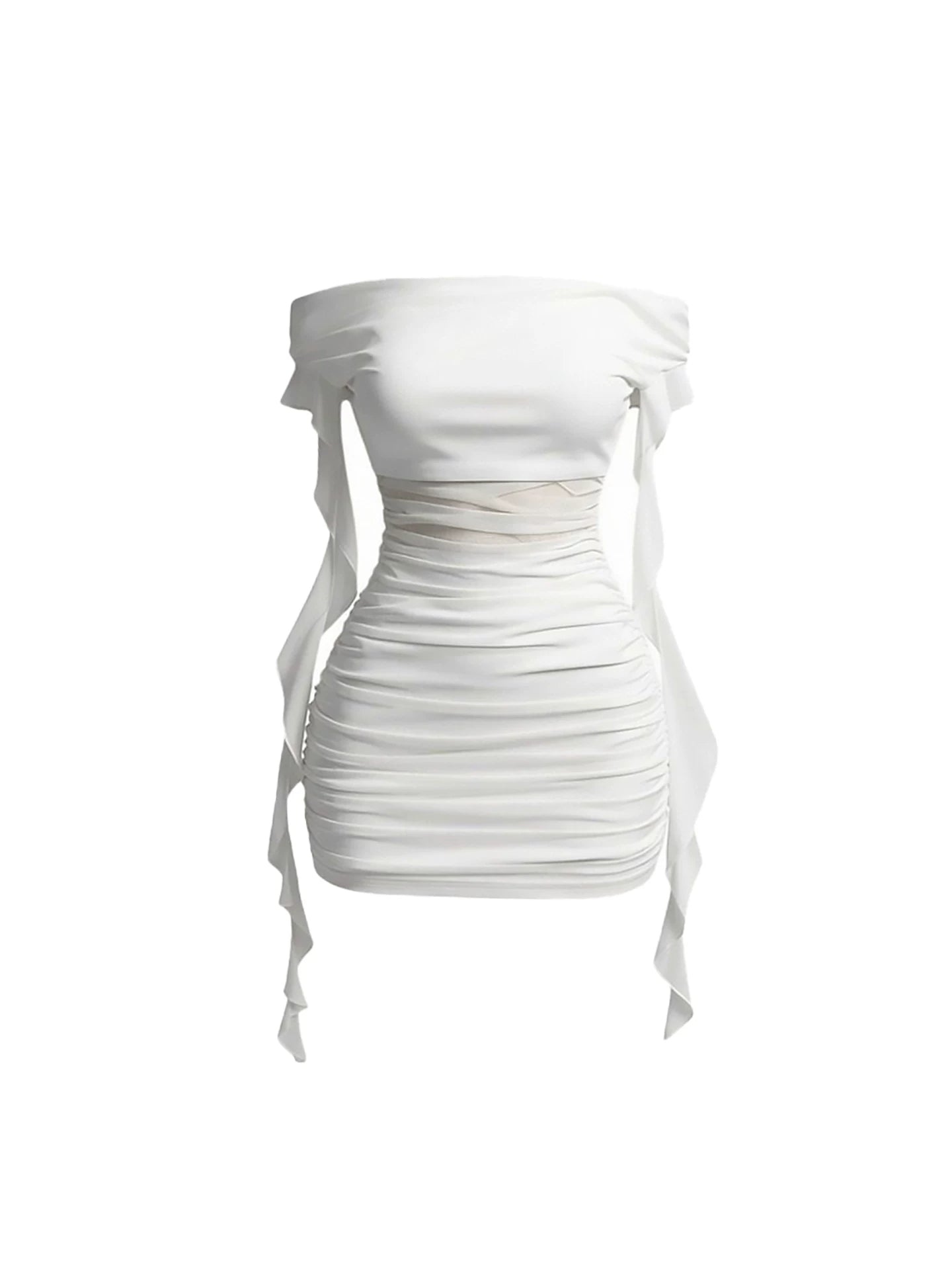 Novelty Ruched Mesh Satin Bust Bodycon Mini Skirt Modern White Off-Shoulder Short Dress AP6020