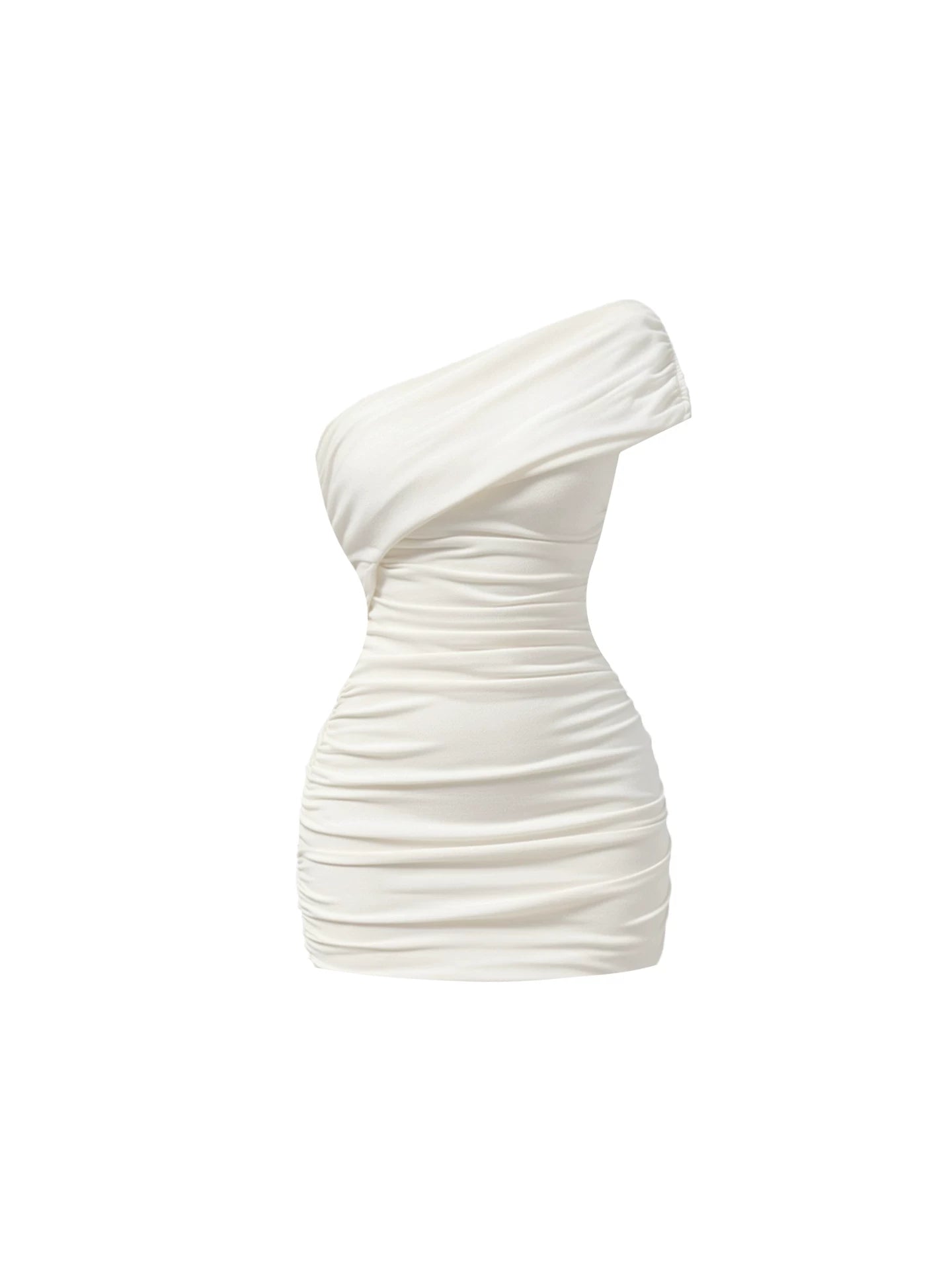 Unique Ivory One-Shoulder Bodycon Mini Skirt Sleek Ruched Brunch Outings Short Dress AP6021