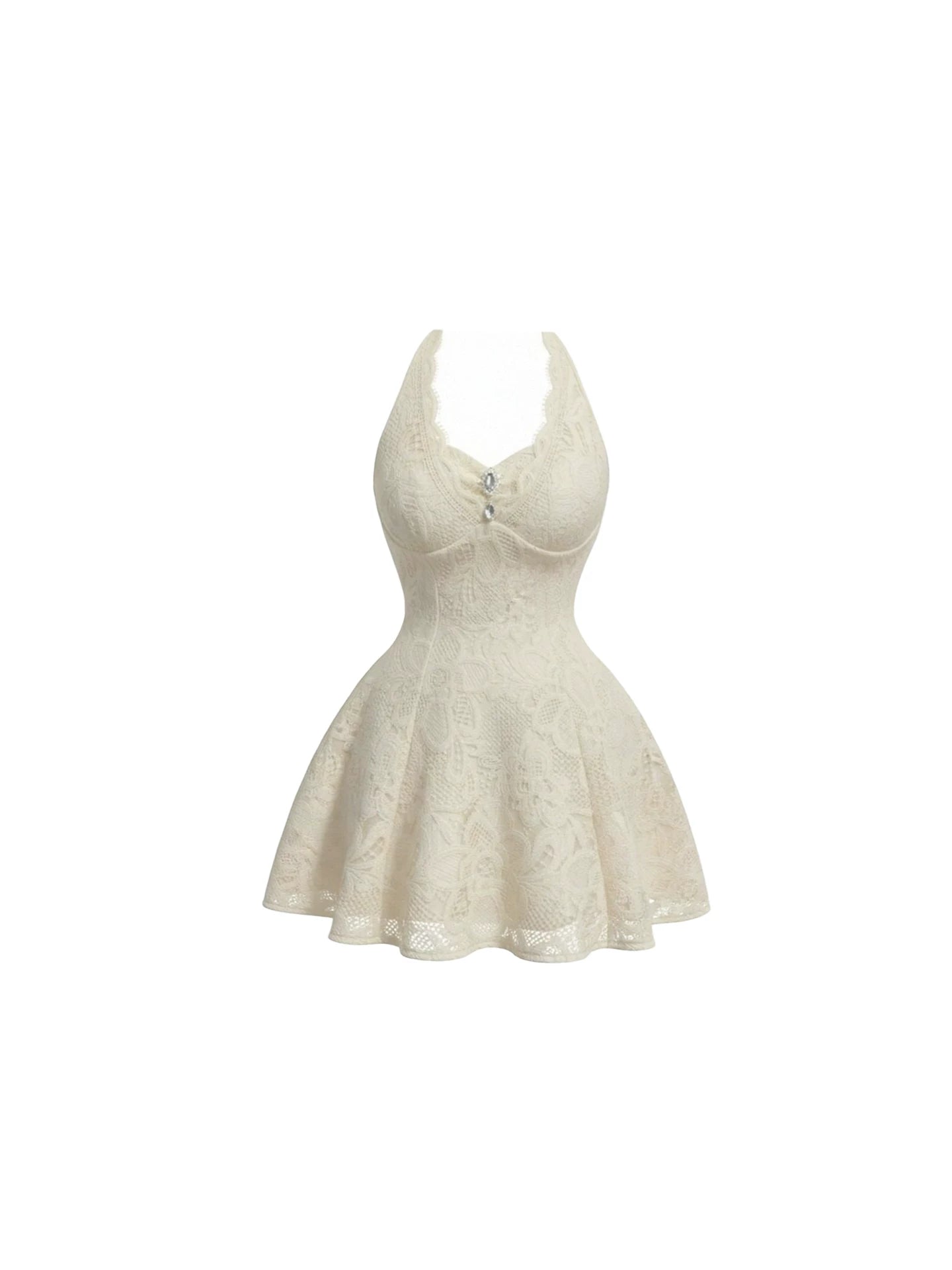 Vibrant Rhinestone Bust Lace Flared Mini Skirt Elegant Ivory Halter Neck A-Line Short Dress AP6022