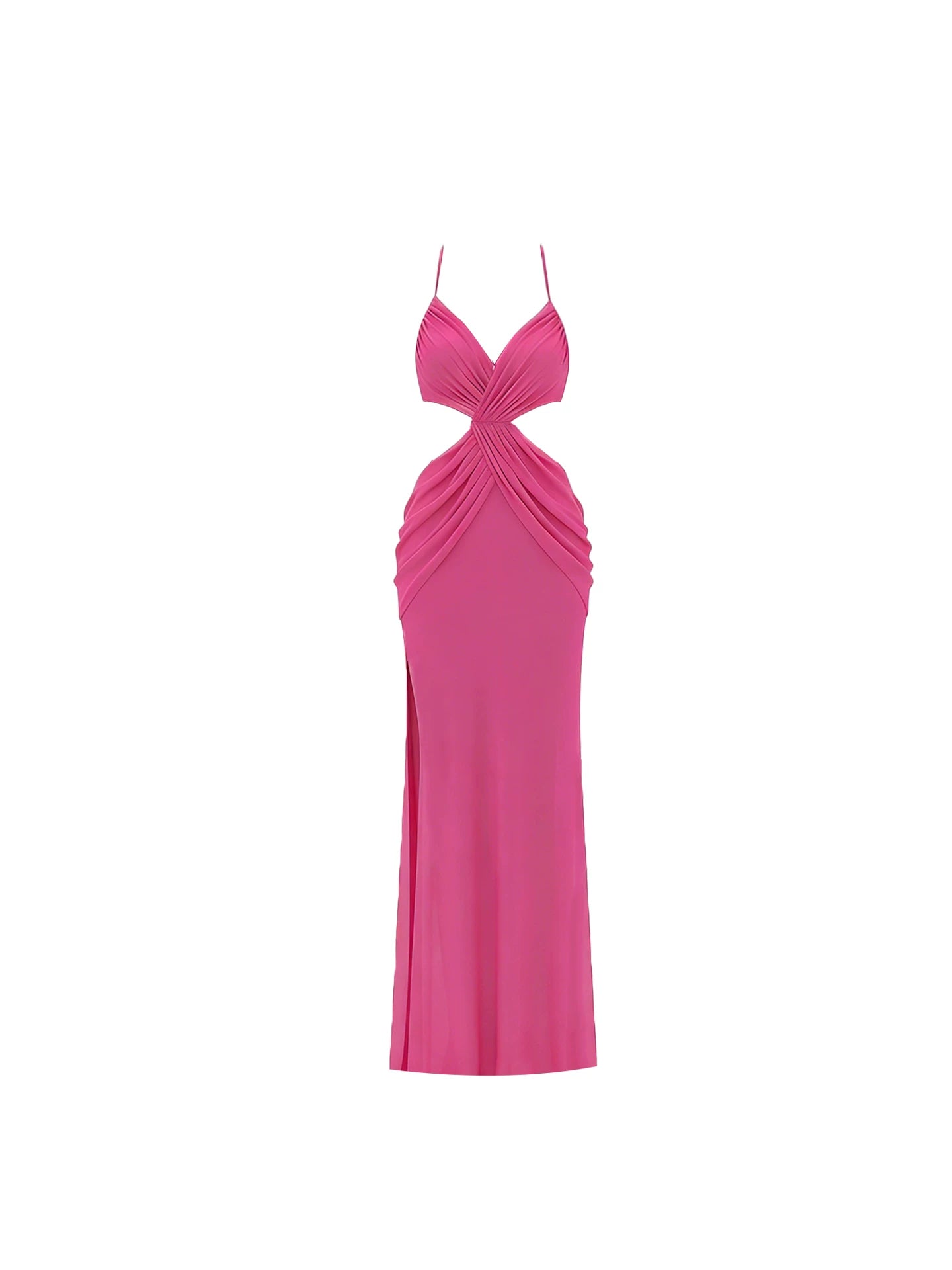 Minimalist Twist Cutout Ruched Bodice Maxi Dress Elegant Hot Pink High Slit Halter Long Dress AP6025