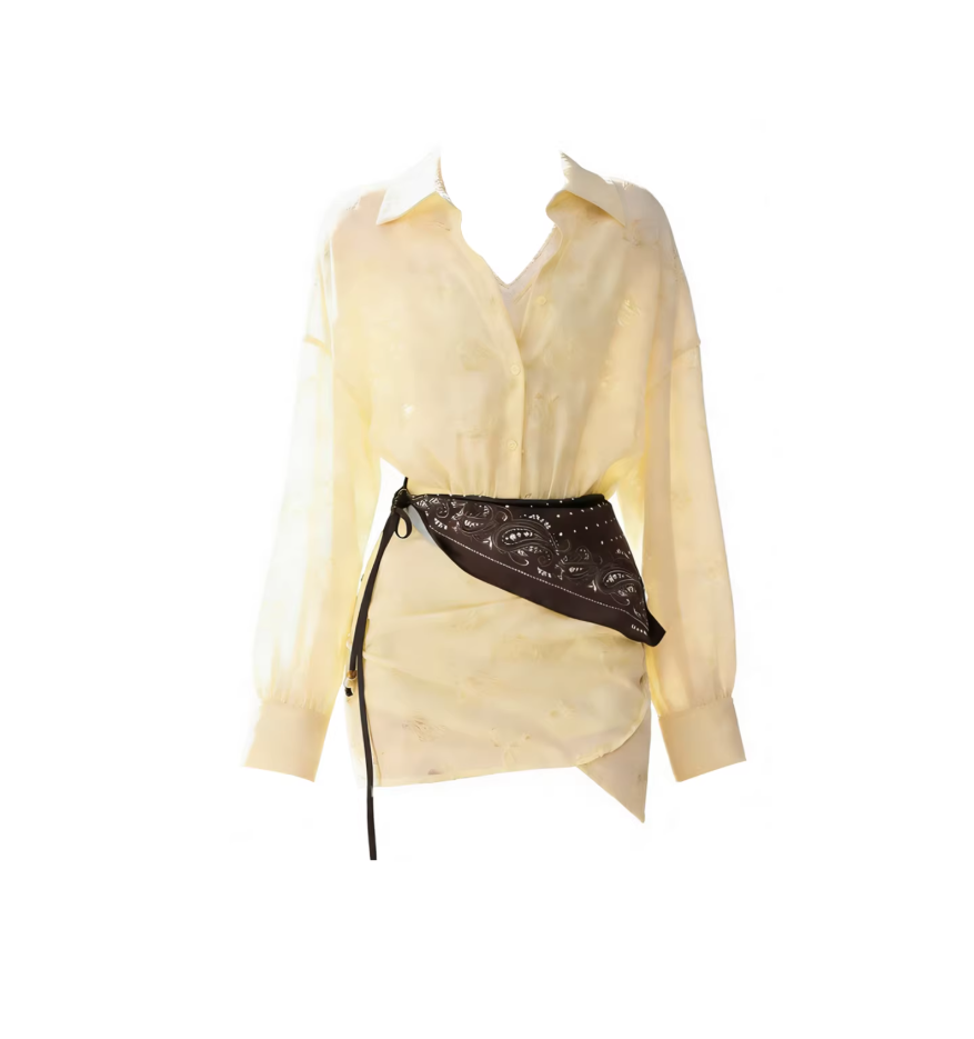 Simple Bandana Waist Belt Long Sleeves Bodycon Mini Skirt Trendy Butter Yellow Oversized Sheer Shirt Asymmetrical Hem Short Dress AP6026