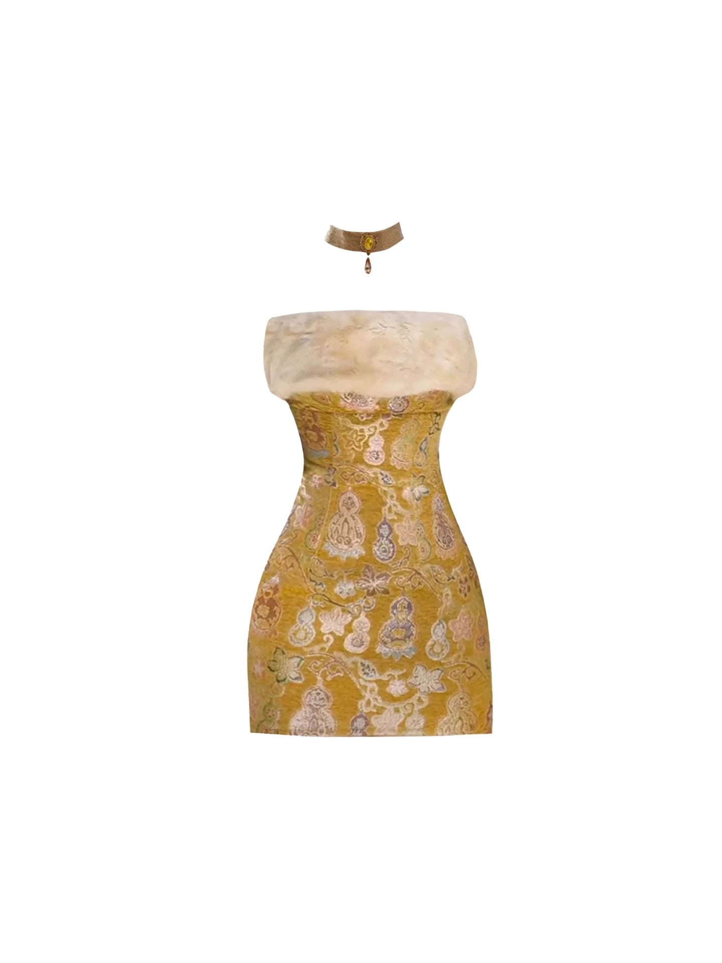 Sparkly Faux Fur Trim Paisley Print Bodycon Mini Skirt Hottie Mustard Yellow Strapless Short Dress AP6029