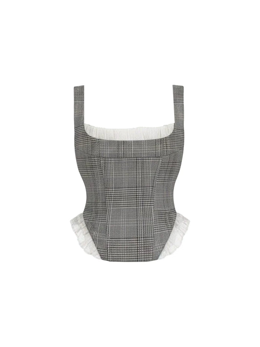 Playful Spaghetti Strap Bustier Top A-Line Mini Dress Chic Grey Plaid Square-Neck White Ruffle Trim Pleated Two-Piece Set Short Dress AP6031