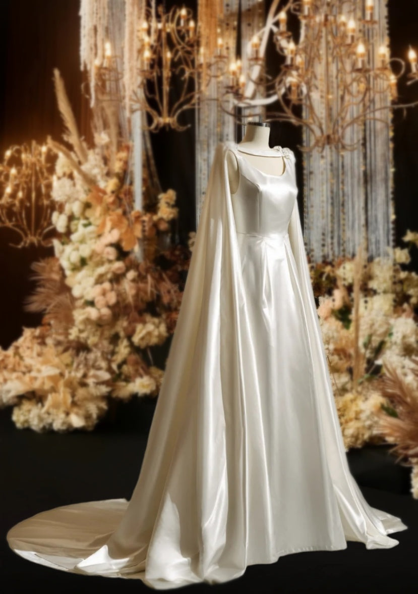 Stylish Jewel Neck A-Line Bridal Gowns With Cape White Satin Wedding Dress AP6034