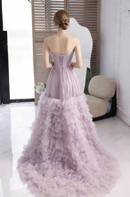 Attractive Strapless A-Line Tiered Tulle Sweet 16th Gowns Beads Prom Dress AP6039