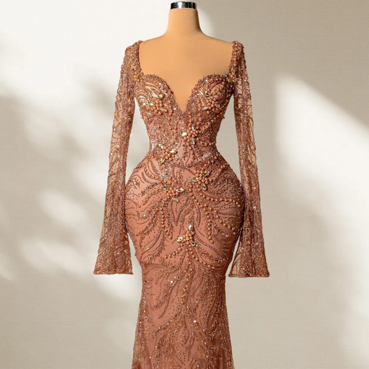 Shiny Long Sleeve Sweetheart Neck Evening Mermaid Dress Beading Sequins Prom Dress AP6069